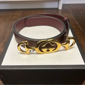Gucci zumi maroon burgundy belt size 90 gold buckle 100% authentic